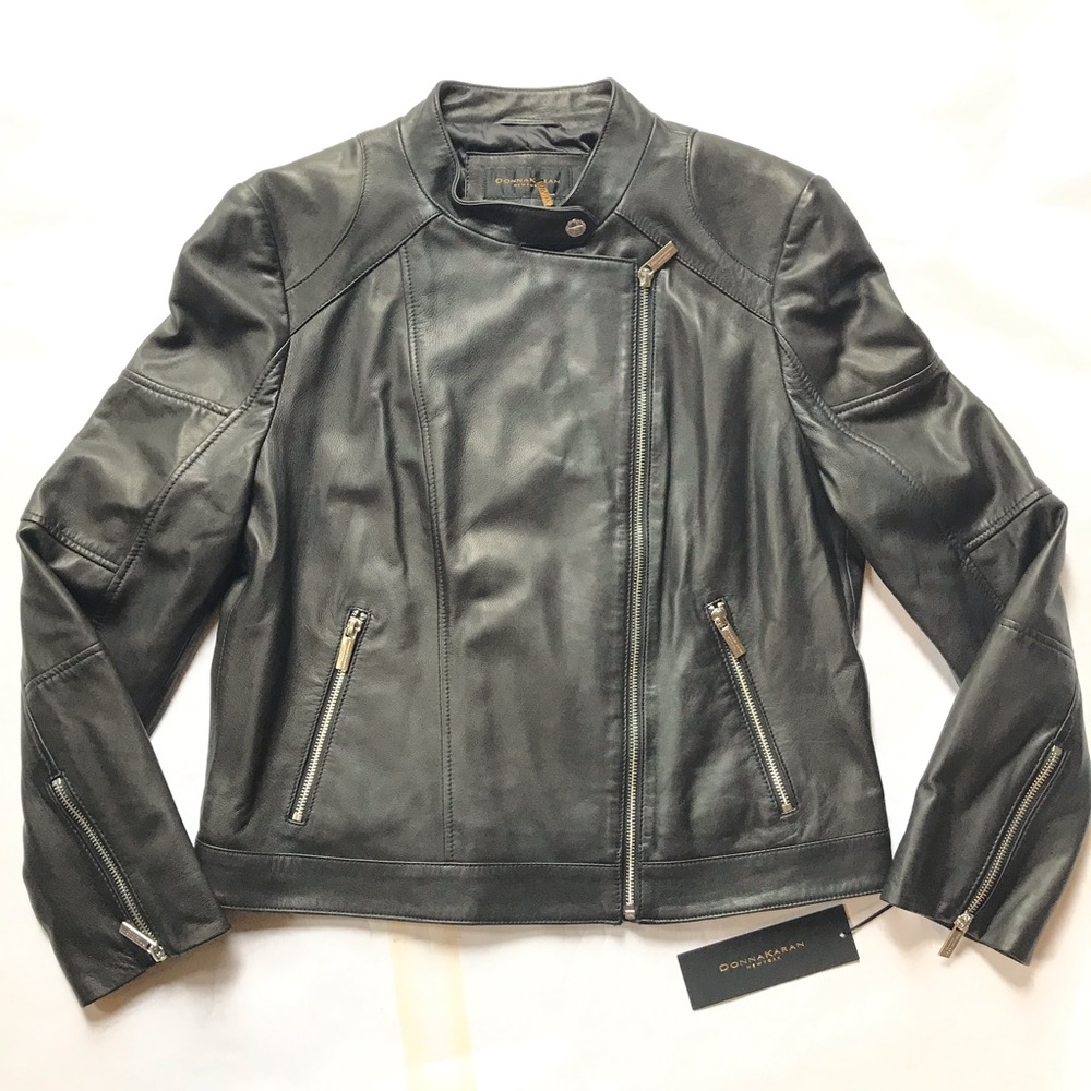 Authentic Donna Karan New York Leather Moto Jacket Black Large